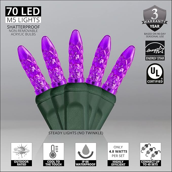 24 ft M5 LED Purple Halloween Lights, 70 Count Green Wire Indoor/Outdoor Commercial Grade Mini String, Holiday Decorations