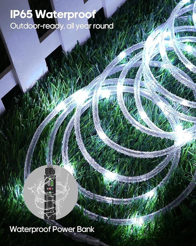Rechargeable Rope Lights, 39FT 120LED Outdoor Waterproof String Lights with 1200mah Portable Rechargeable Battery, Timing & 8 Modes for Party Christmas Camping DIY Tree trampoline - Cool White 2 Pack