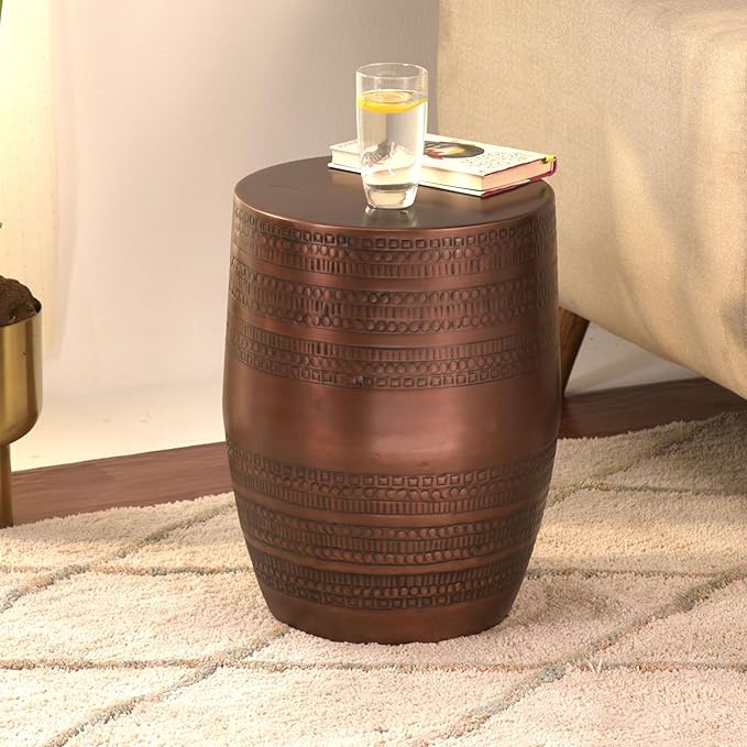 Modern Round Aluminum Hammered Embossed Texturing Metal End Table, Hand-Stamped Iron, Boho Accent Side Table, Drum Shaped, for The Living Room and Bedroom, Copper