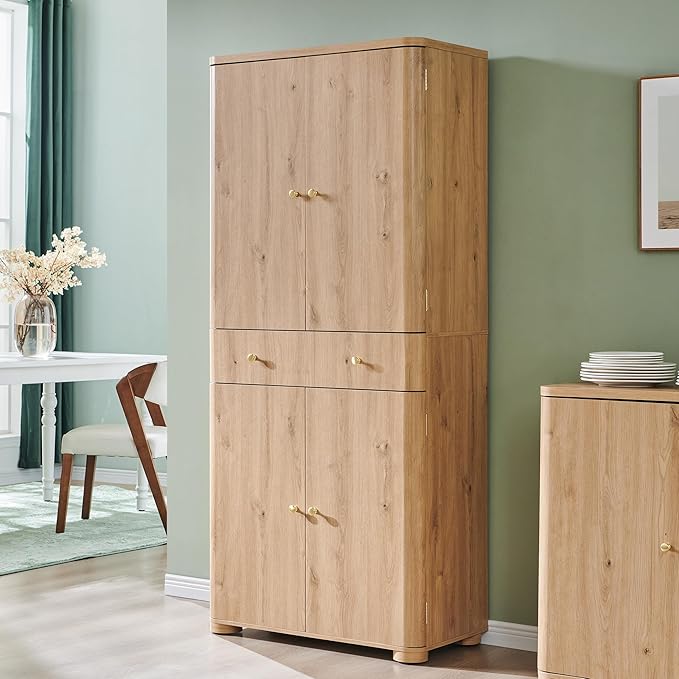 71" Tall Kitchen Pantry, Modern Curved Pantry Storage Cabinet with 4 Doors and 6 Adjustable Shelves, Cupboard for Kitchen, Dining Room, Living Room and Bathroom, Natural