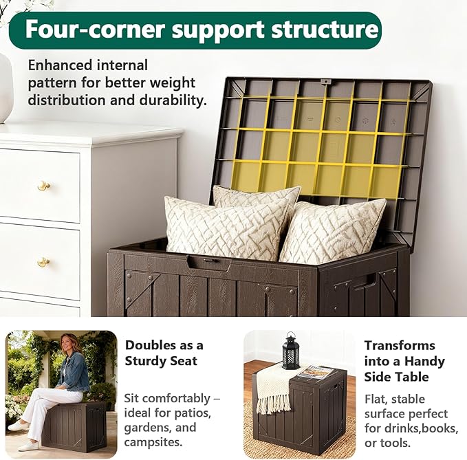 Outdoor Storage Box, 30 Gallon Deck Box Outdoor Storage Bench Outside Waterproof Resin Storage Bench, Lockable Patio Cushions, Garden Tools Storage For Furniture, UV Resistant (Brown)