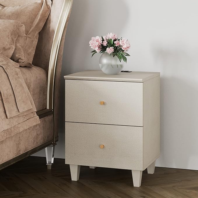 WAMPAT Bedside Table with Charging Station, 2 Drawers, 2 AC Outlets and 2 USB Ports, Nightstand for Bedroom, Modern Mid-Century End Table with USB Hub for Living Room, Beige Linen Printed Finish