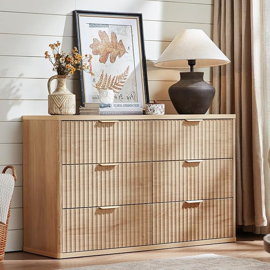 LEYAOYAO Fluted 6 Drawers Dresser, 48" Wide Modern Chest of Drawers with Wood Grain Top, Curved Profile Design, Dresser TV Stand, Wood Drawer Organizer for Bedroom, Living Room, Hallway,Natural