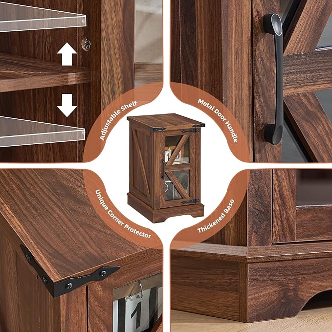 Narrow Night Stand for Small Spaces, Farmhouse Side End Table with Glass Barn Door Storage, Wood Bedside Tables, Retro Nightstand Cabinet Organizer for Living Room Bedroom