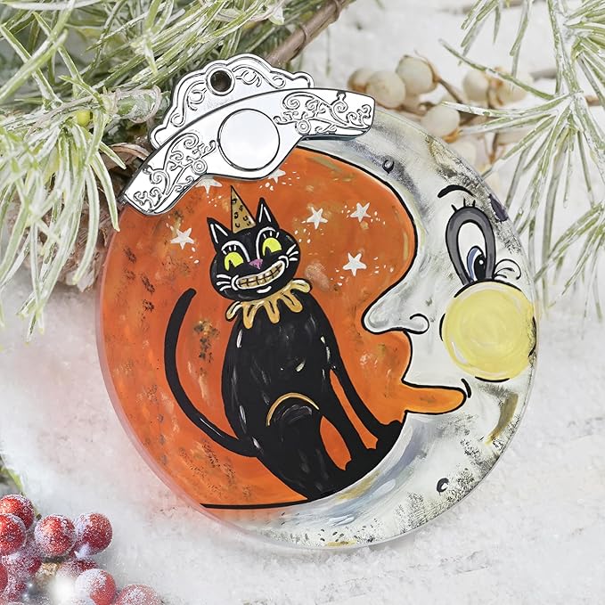 Christmas Decorations Ornaments, Stained Glass Ornament, Christmas Tree Ornaments, 2025 Gift Ornament, Xmas Gift for Friend Family Coworker - Moon and Cat