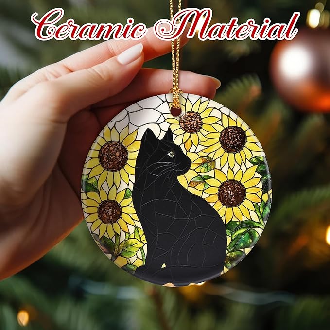 Sunflower Black Cat Ornament, Christmas Ornaments, Christmas Tree Decorations, Holiday Decor, Cat Lover Gifts, Pet Gifts, Xmas Gift & Holiday Presents for Friends or Family