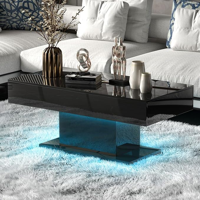 Led Coffee Table for Living Room, Living Room Table Rectangular Center Table, Modern High Glossy Wooden Coffee Tables with 16 Colors LED Lights for Dining Reception Room, Black