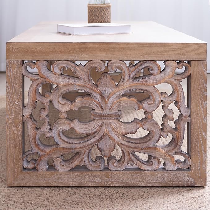 Rectangular Coffee Table with Handcrafted Ornate Side Panels, Rustic Center Table with Solid Wood Veneered, Farmhouse Tea Table for Living Room Office Apartment,47.2" L x 23.6" W x 17.9" H