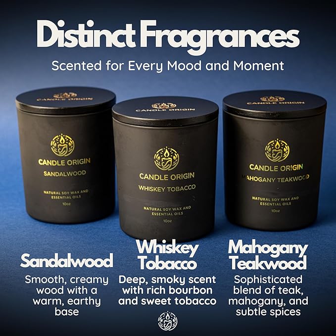 Mens Luxury Candles Christmas Gift Set – 3×10oz Masculine Scented Soy Wax Aromatherapy Candles – Sandalwood, Whiskey Tobacco, Mahogany Teakwood – Long Lasting, Non Toxic, Home, Office, Man Cave Decor