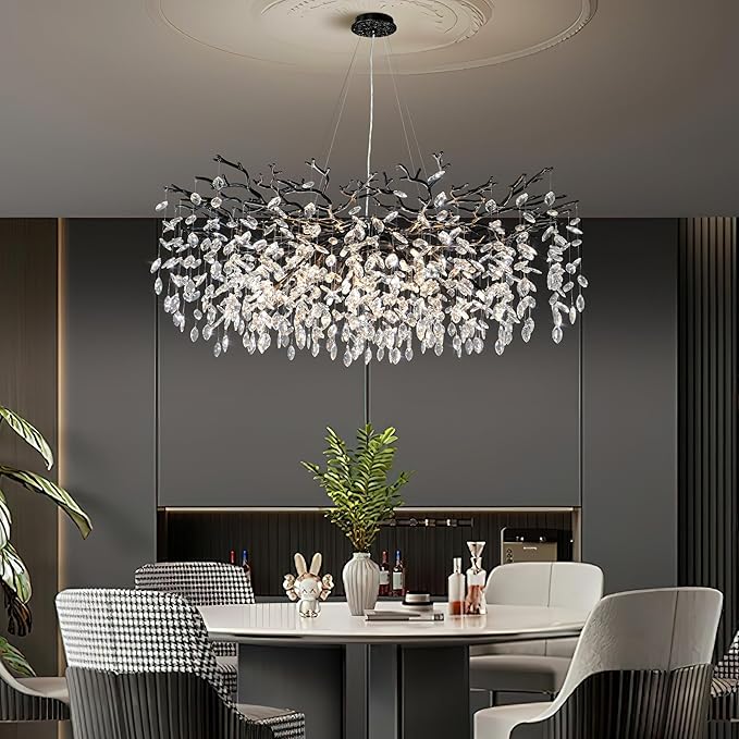 YUYI 47" Black Chandelier, 18-Light Modern Crystal Tree Branch Chandelier, Luxury Round K9 Crystal Raindrop Chandeliers Light Fixture for Dining Room, Living Room, Foyer, Entryway, Bedroom, Kitchen