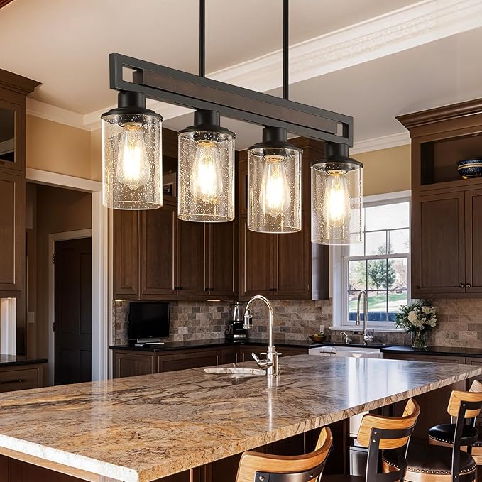 Farmhouse Dining Room Light Fixture, 4-Light Wood Kitchen Island Lighting for Dining Room Over Table, Black Adjustable Pendant Light with Seeded Glass Shades, Linear Chandeliers Lighting for Kitchen