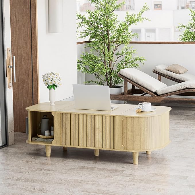 Oval Lift Top Coffee Table, Mid Century Modern Center Table with 3 Hidden Compartment, Coffee Tables with Storage Open Shelf and Sliding Cabinet Door for Home Living Room Office (Natural)