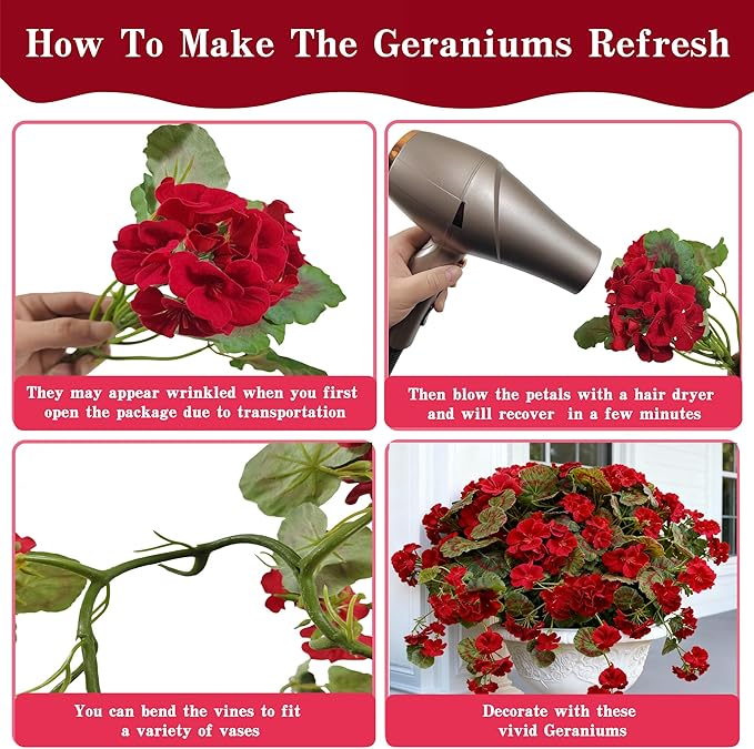 Artificial Geranium Flowers for Outdoors – 4 Bundles of Red Silk Flowers with Hanging Vines, Fake Christmas Plants for Front Door Garden Porch Planter Patio Balcony Yard Indoor Home