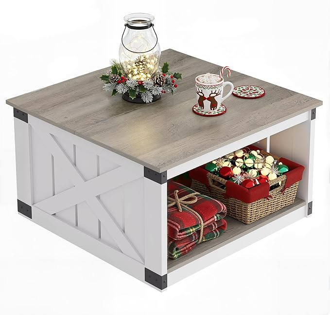 WLIVE Coffee Table, Farmhouse Coffee Table with Open Storage, 31.5" Wood Square Living Room Tables, Rustic Dining Cocktail Center Table for Living Room, Grey & White