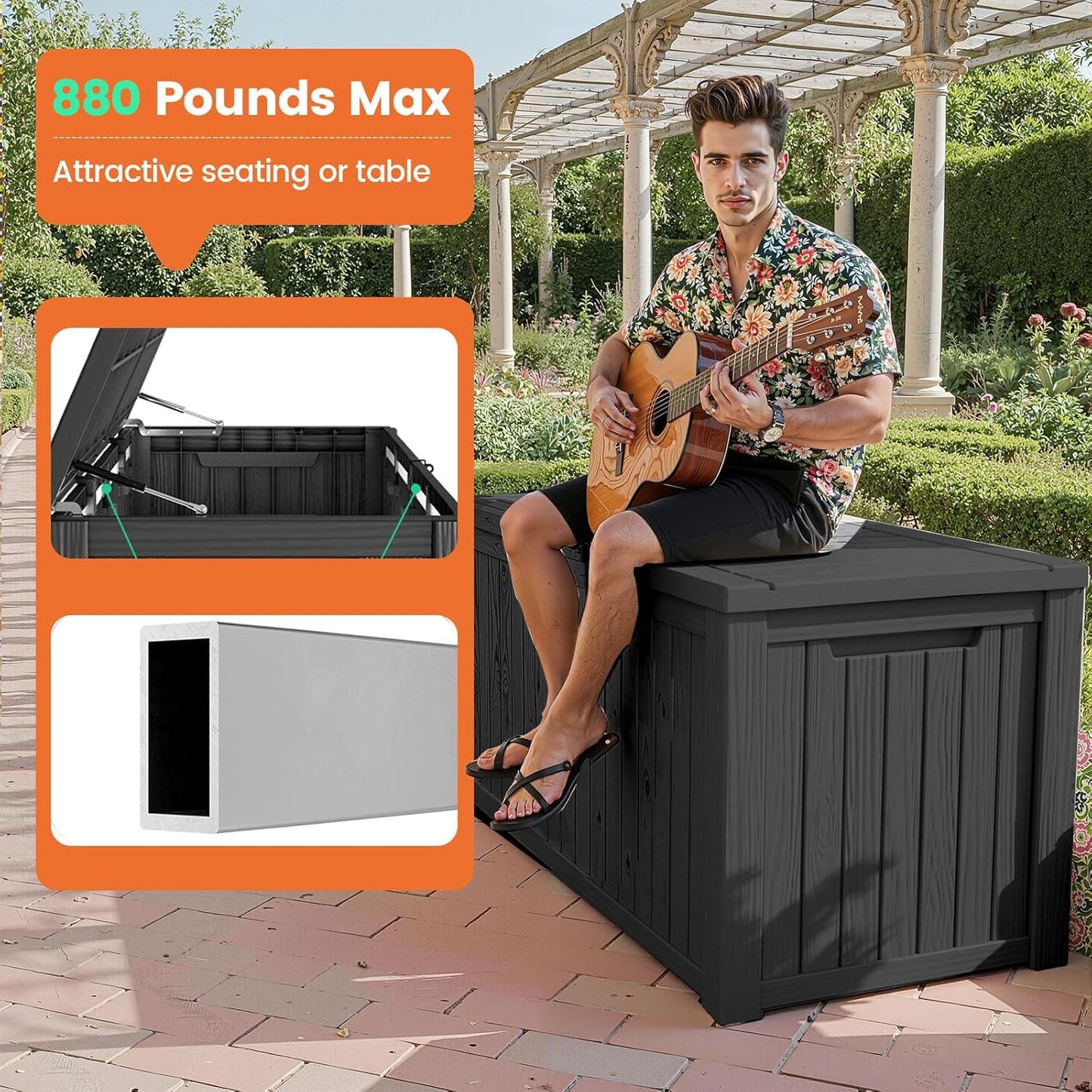 180 Gallon Outdoor Storage Box - Waterproof Resin Deck Box for Patio Cushions & Garden Tools - Lockable & Durable Outdoor Storage Bin - Sleek Black Design