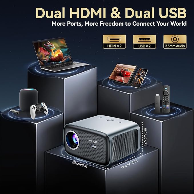 Smart Projector with WiFi and Bluetooth Built-in Streaming Apps, Portable Mini Outdoor Projector, AI Auto Focus & Keystone, Home Movie Projector with 30W Dolby, HDR10+, Ceiling Projector for Bedroom