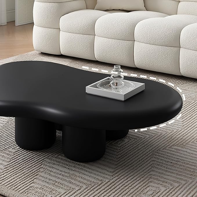 48 Inch Cloud Coffee Table, Modern Black Coffee Table for Living Room, Large Wood Coffee Side Table with Irregular Tabletop and 4 Sturdy Legs for Home Office Bedroom