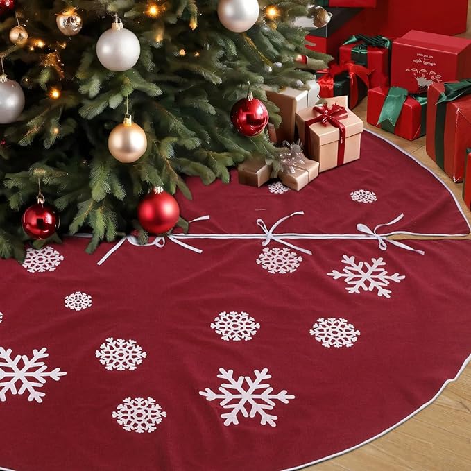 100 Inch Large Christmas Tree Skirt, Burlap Tree Skirt White Snowflake Xmas Mat for Christmas Home Farmhouse Holiday Indoor Outdoor Decoration