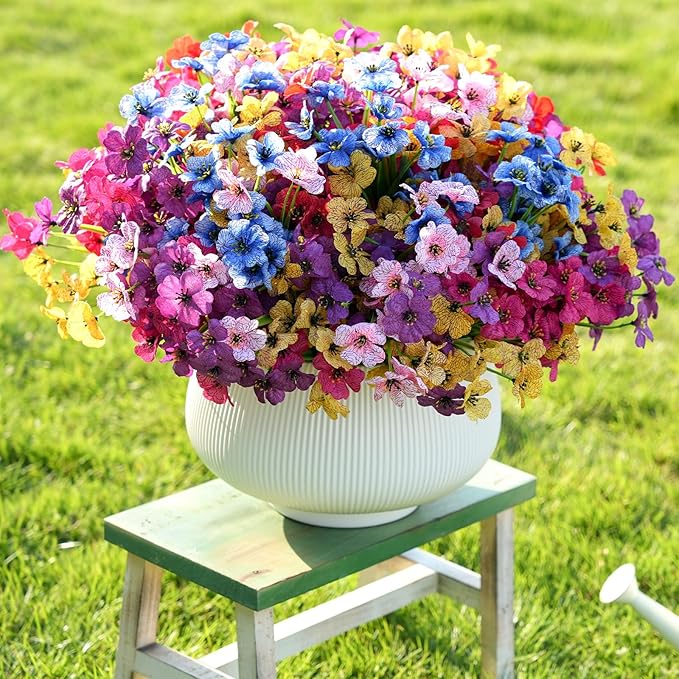 Artificial Flowers for Outdoor Faux Plants for Spring Summer Decoration, UV Resistant Realistic Silk Plastic Fake Flowers Garden Porch Patio Balcony Yard Front Home Decor, 24 Bundles