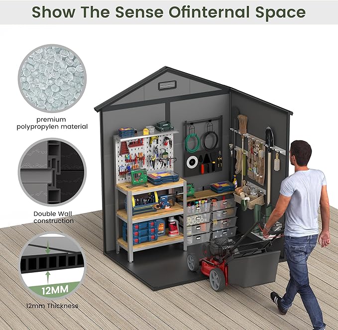 Amopatio Outdoor Storage Shed with Floor,8x10 FT Lockable Plastic Tool Shed with Ventilation,Waterproof Resin Garden Sheds for Backyard,Patio,Lawn and Bike Dark Grey