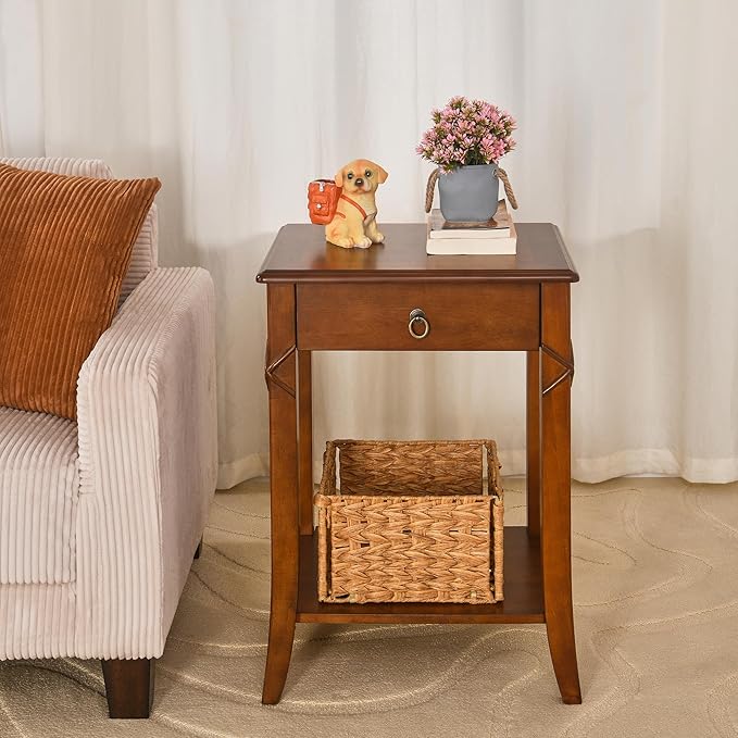 2-Set Solid Wood End Table with Drawer, Beside Table, Nightstand, Mid-Century Modern Funiture with Storage Shelf, 19.7" x 15.7" x 27.6" High Living Room Side Table with Wood Frame, Cherry GBJDR200