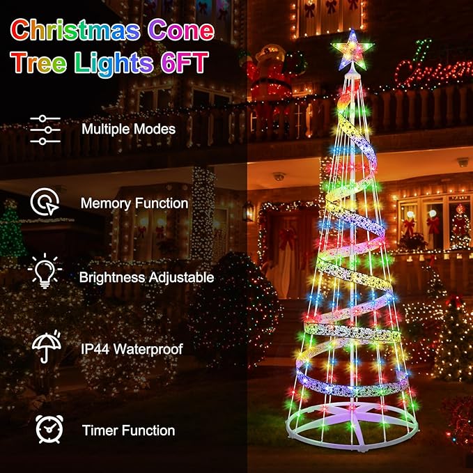 [11 Modes & Timer] 6 FT LED Christmas Tree Cone Lights Color Changing, 180 LED Outdoor Christmas Cone Tree with 11 Modes Timer Remote for Indoor Outside Yard Porch Xmas Decor Multicolor & Warm White