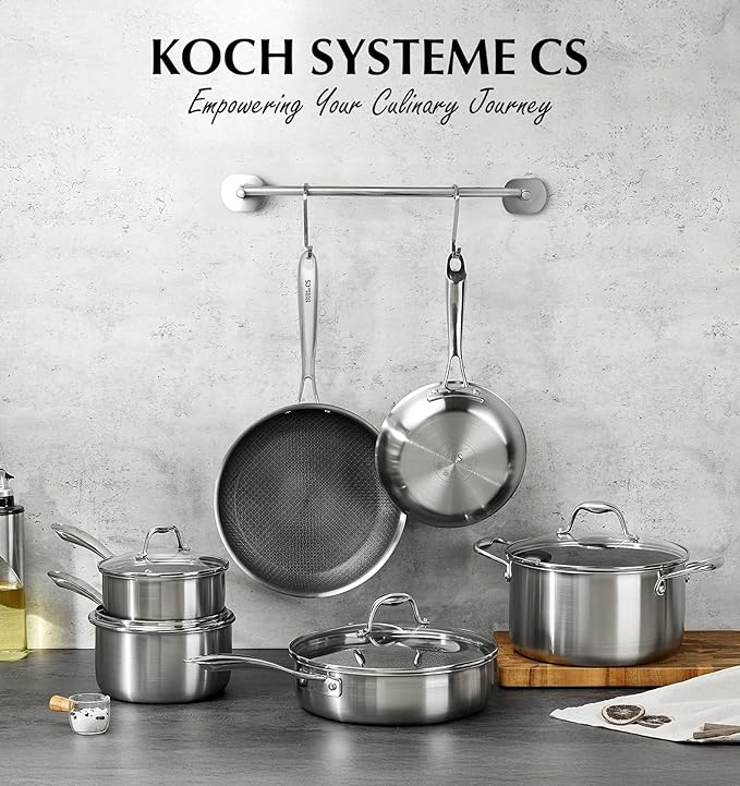 KOCH SYSTEME CS Triply Stainless Steel Cookware Set 10 Piece, Nonstick Hybird Stainless Steel Pots and Pans Set, Kitchen Cookware Set with Honeycomb Interior, 18/10 Steel, Induction Compatible