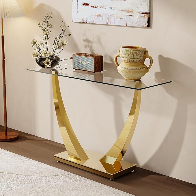 47" Glass Console Table, Modern Rectangular Sofa Table with Tempered Glass Top and Gold Horn-Shaped Stainless Steel Base for Living Room, Entryway, Hallway