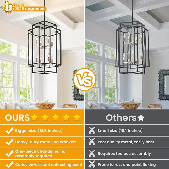 31.5" Farmhouse Chandelier, 8-Light Lantern Pendant Light Fixture, Modern Foyer Lighting Fixtures, Large Chandeliers for High Ceilings, Black and Brushed Nickel Pendant Lights for Staircase, Entryway