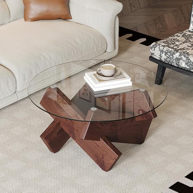 Walnut Round Glass Coffee Table,33-Inch Coffee Tables for Living Room Clear Circle Accent Table Adapts to Farmhouse and Contemporary Decor