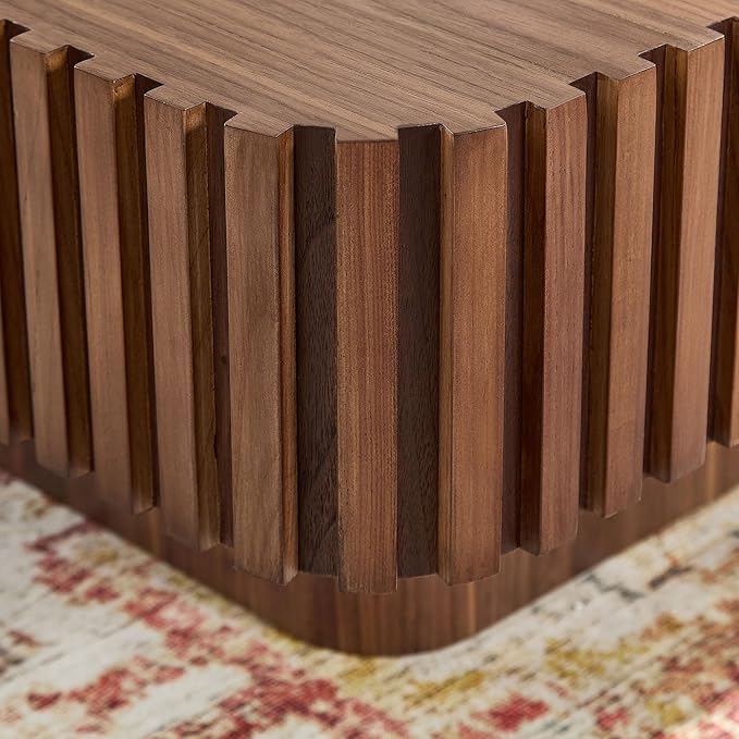 31.5" Square Coffee Table with Sturdy Base, Modern Luxury Wood Drum Center Tables,Small Wooden Accent with MDF, for Living Room, Minimalist Fluted Design-Walnut