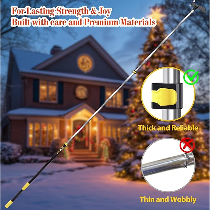 4-12 FT Christmas Light Telescopic Hanger Pole with Utility Hook, Stand Reach 30 Feet Long 3/4 inch Threaded Pole Reaching High Place for Hanging and Installation Lights String, Clothes and Birdfeeder