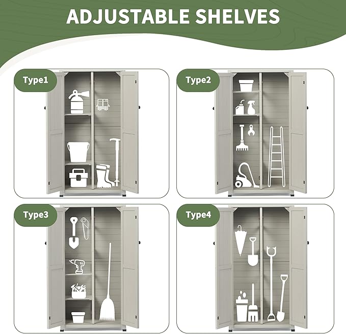 Outdoor Storage Shed with Floor & Adjustable Shelves, Wooden Garden Tool Cabinet Weatherproof, 71" Vertical Patio Organizer