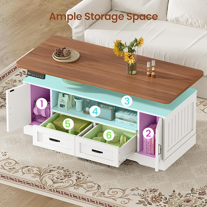 SEDETA 47.2" Electric Standing Coffee Table with Storage, Farmhouse Lift Top Coffee Table with Drawers and Open Shelves, Height Adjustable Tables with Power Outlet, for Living Room, White