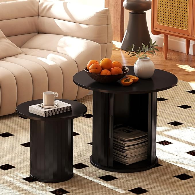 COSVALVE Nesting Coffee Table Set of 2 with Hidden Storage & Sliding Door, Circle Wood Coffee Table, Farmhouse Side & End Table Sets for Living Room, Small Spaces, Black