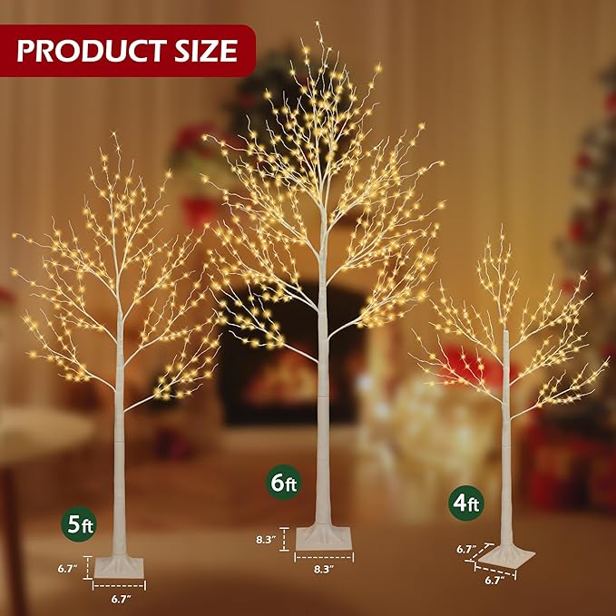 HUGROVE Lighted Birch Tree,4FT/5FT/6FT White Twinkle Christmas Tree with LED,Warm White,Adjustable Branches, Artificial Birch Tree Lights with Timer,Indoor & Outdoor & Christmas Use (Branches)