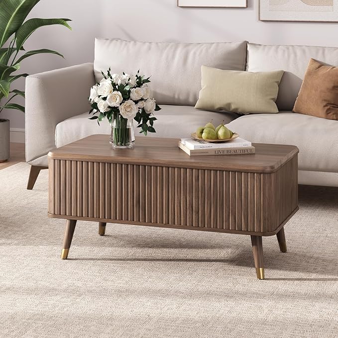 Lift Top Coffee Table with Storage, Mid Century Modern Walnut Fluted Coffee Table, Rectangular Wood Center Table with Rising Desktop & Open Shelf for Work from Home, Living Room, Walnut