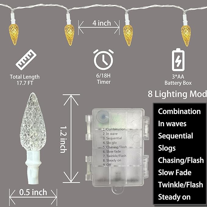 Anycosy Christmas String Lights C3, 50 LEDs Strawberry Waterproof Battery Operated Strings Lights Warm White 8 Modes & Timer for Xmas Tree Garden Patio Indoor Outdoor Christmas Decorations