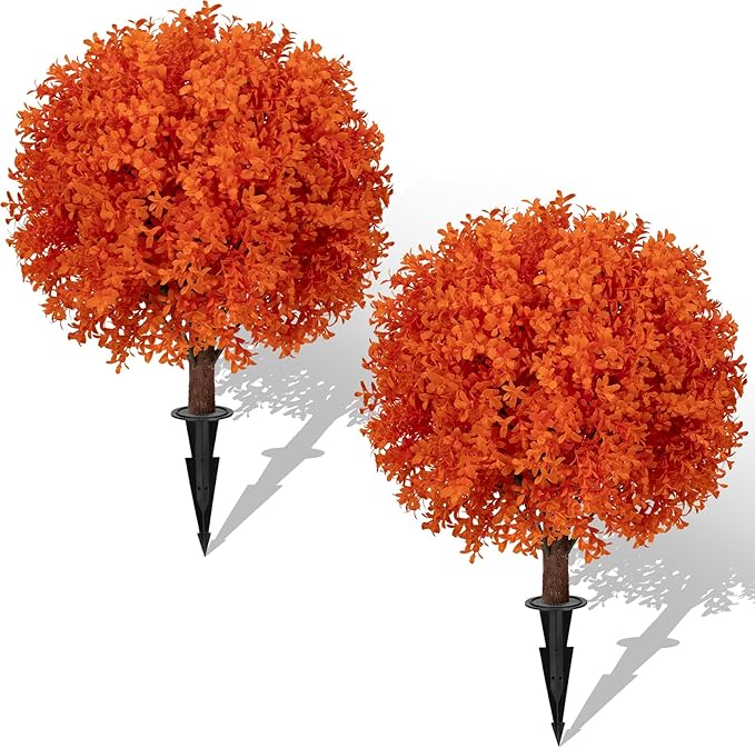 Set of 2 Artificial Orange Boxwood Topiary Ball Trees, 23" UV Resistant No Fade Outdoor Faux Fall Plants with Ground Spike, Fake Shrubs for Garden, Patio, Porch, Yard, Indoor Decor