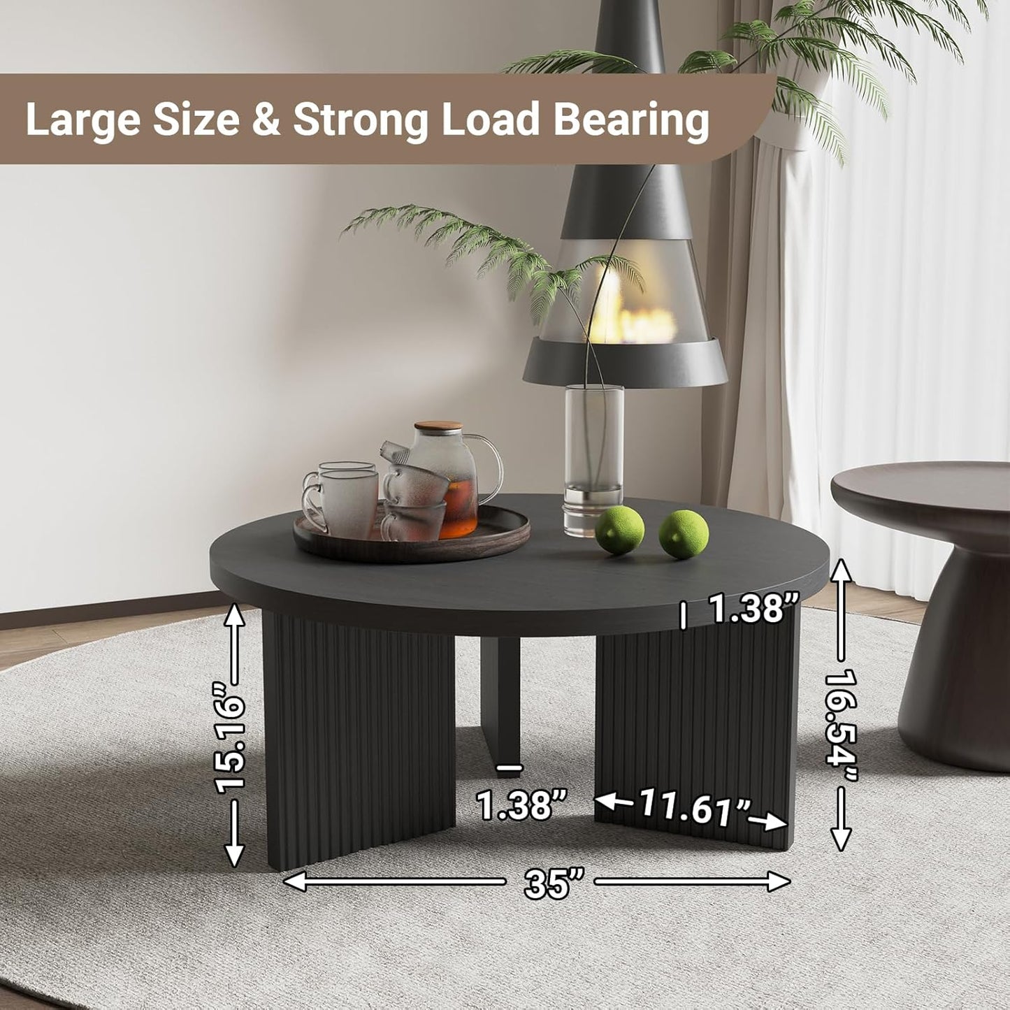 Wooden Round Coffee Table, 35" Coffee Table with Smooth Thick Mesa, Low Circle Center Table with X Shaped Stable Legs, Accent Tea Table for Living Room, Office, Black