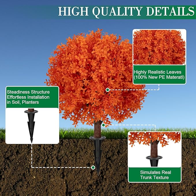 Set of 2 Artificial Orange Boxwood Topiary Ball Trees, 23" UV Resistant No Fade Outdoor Faux Fall Plants with Ground Spike, Fake Shrubs for Garden, Patio, Porch, Yard, Indoor Decor