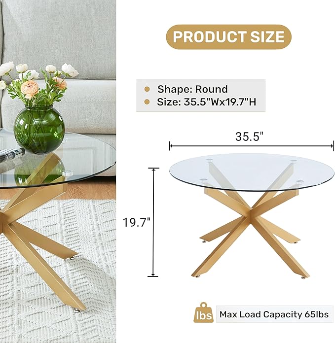 Gold & Round Glass Coffee Tables for Living Room, Home Office, Modern & Simple Center Table with Clear Tempered Glass Top, 35.5" Wx19.7 H