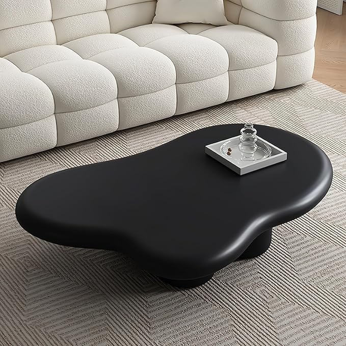 48 Inch Cloud Coffee Table, Modern Black Coffee Table for Living Room, Large Wood Coffee Side Table with Irregular Tabletop and 4 Sturdy Legs for Home Office Bedroom