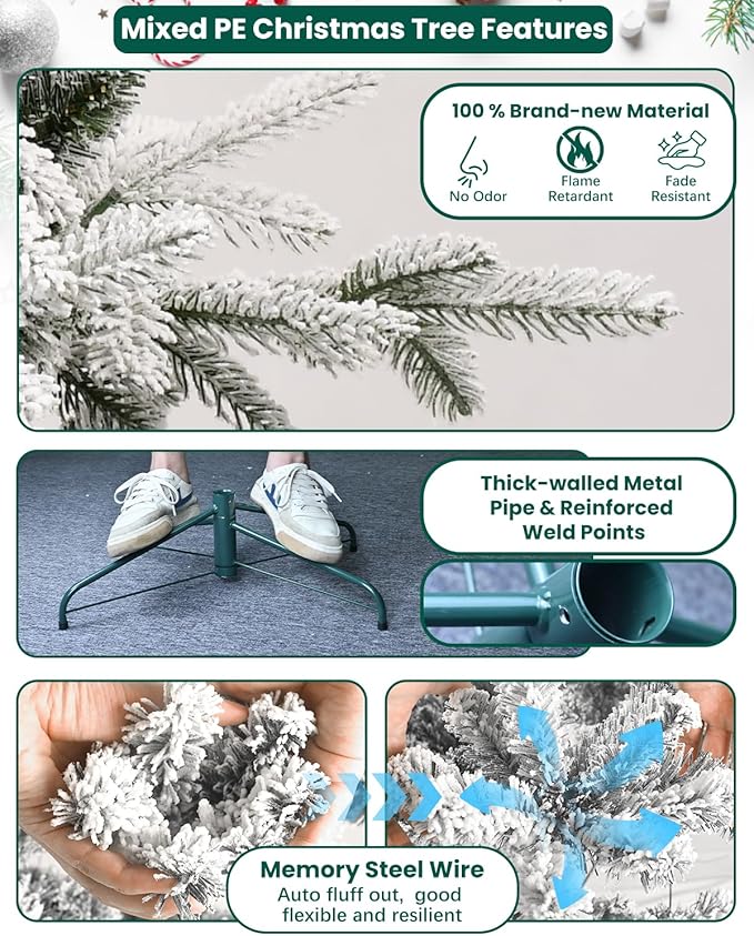 8FT Christmas Tree Prelit Flocked，Snow Frosted PE Tips Premium Artificial Xmas Tree，Foldable Metal Base, Holiday Decoration Warm White & Muticolor LED