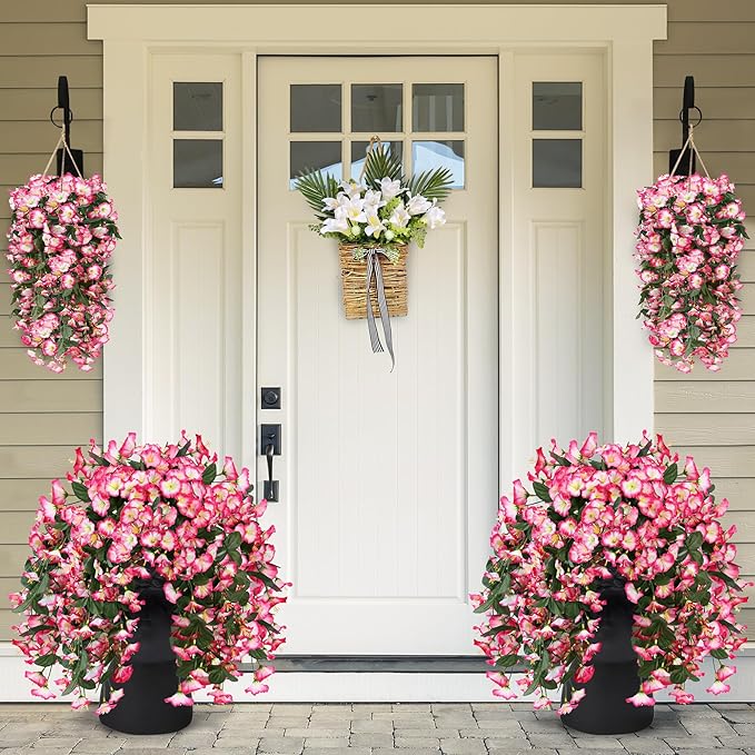 Sggvecsy Artificial Fake Hanging Flowers Plants for Outdoor Outside Spring Summer Decoration 2PCS Faux Silk UV Resistant Realistic Morning Glory Trailing Vines for Home Porch Patio Balcony(Pink)