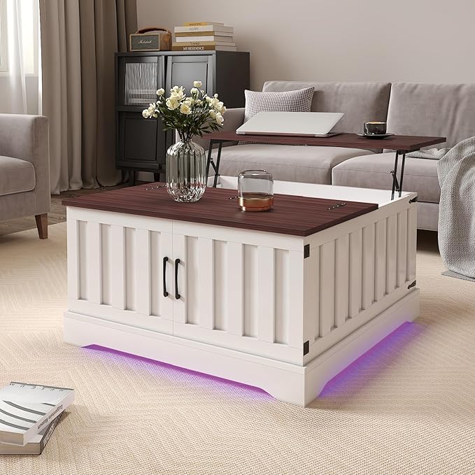 Square Lift Top Coffee Table with Storage, White Brown Led Coffee Table for Living Room with Large Hidden Storage, 30.7" Wood Table Led Center Table for Dining Reception Room