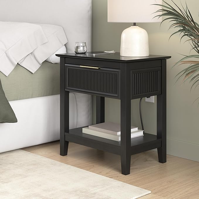 Bush Home Fluted Nightstand with Drawer, Bedroom Furniture, Camille Collection, Onyx Birch Black