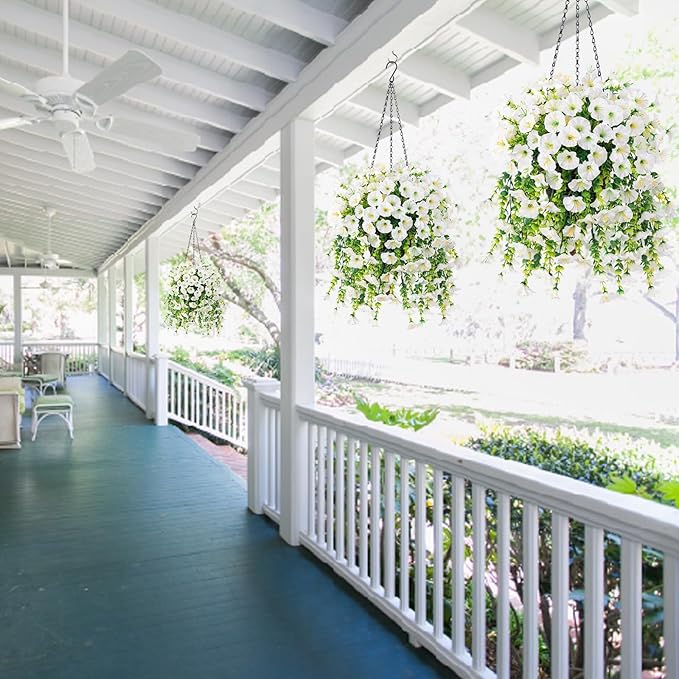 Ivydale 2 PCS Artificial Hanging Flowers Fake Plants for Winter Christmas Outdoor,Faux Silk White Morning Glory with Eucalyptus UV Resistant Realistic Hanging Petunias Vines for Home Garden Decor