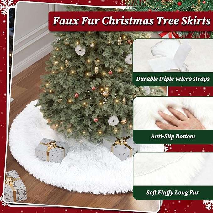 60 Inch Large Christmas Tree Skirt Faux Fur Snow White Plush Tree Mat Base Cover for Merry Christmas Party Holiday Home Indoor Xmas Tree Decorations