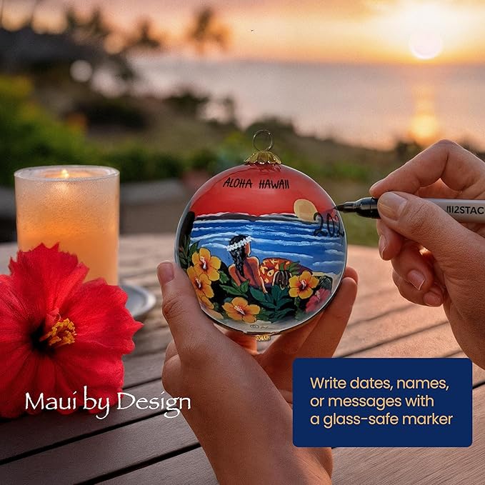 Collectible Hawaiian Glass Ornament Hand-Painted with Volcano and More with Gift Box VS/H